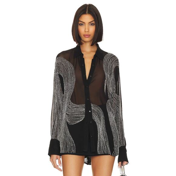 Retrofete Siren Embellished Shirt Beaded Button Front Long Sleeve Black Size XS - Picture 1 of 9